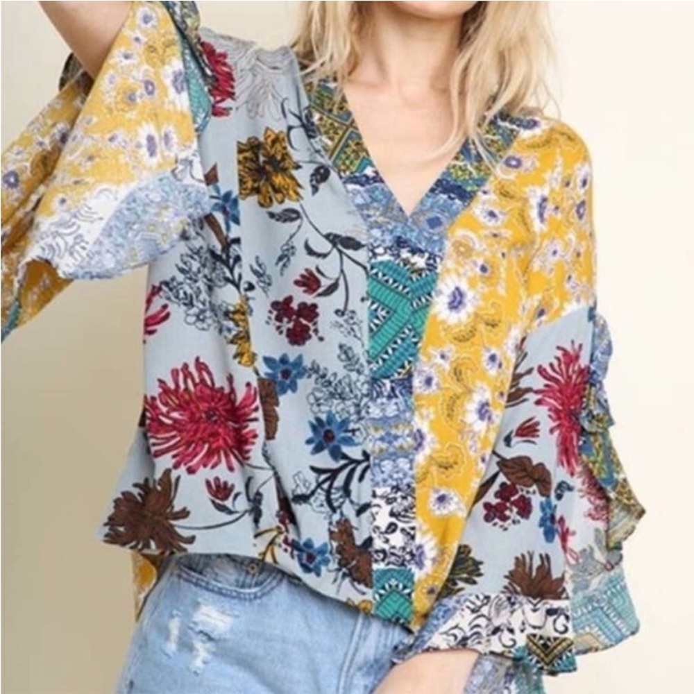 Umgee Mix Print Boho Floral Patchwork Ruffle Blouse Top.